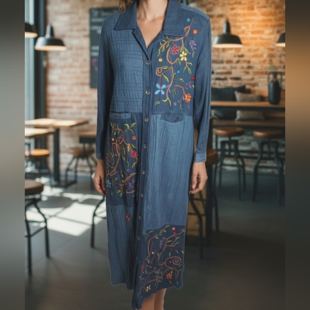 Yak Magik Artsy Floral Embroidered Denim Maxi Dress Button Front Boho Folk Art